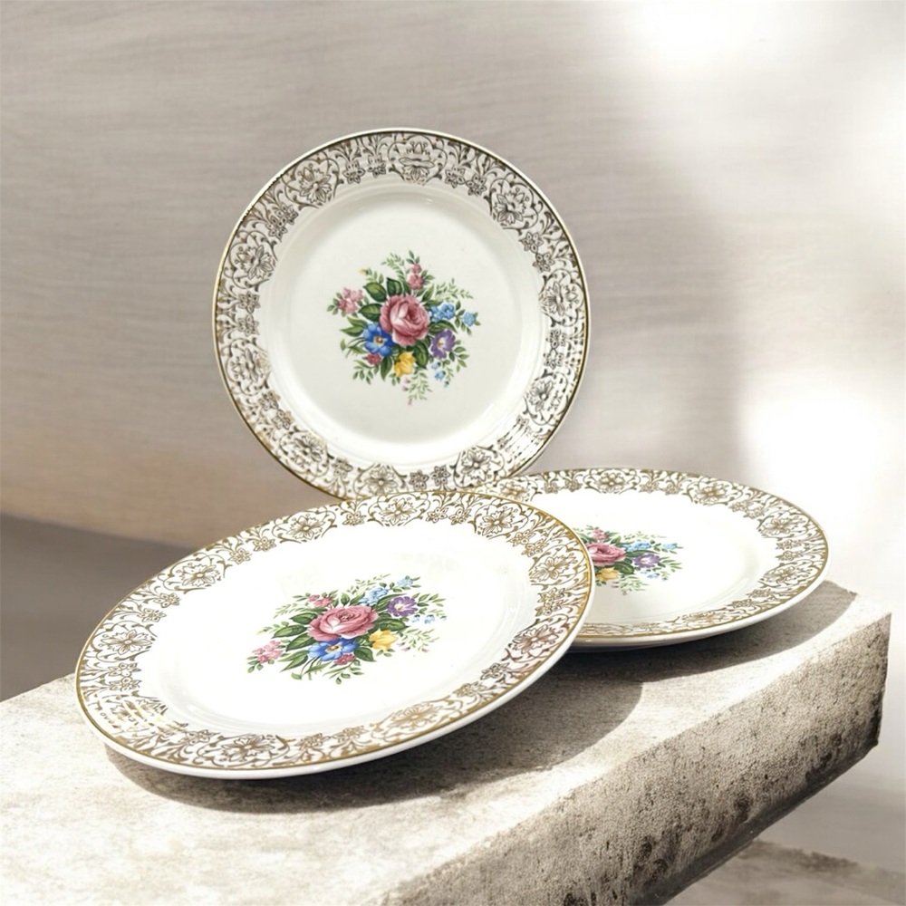 Vintage Triumph Limoges Rosalie 7 1/8” Salad Plates Set of 3 Floral 22K Gold